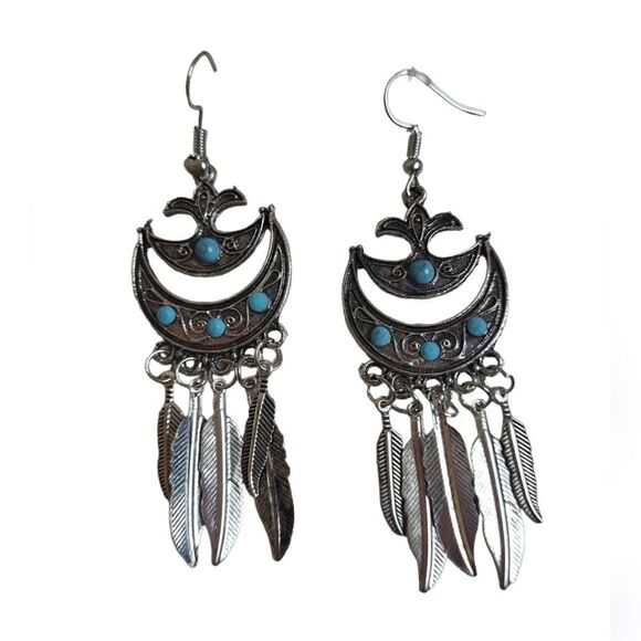 Native American earrings crescent style faux turquoise silver colored feathers - Picture 1 of 6